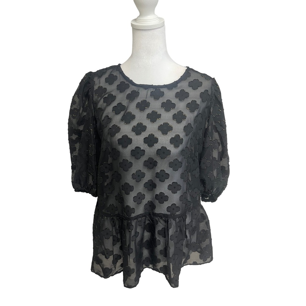 Nanette Lepore Blouse L Puff Sleeve Sheer Black Gold Floral Peplum Coquette